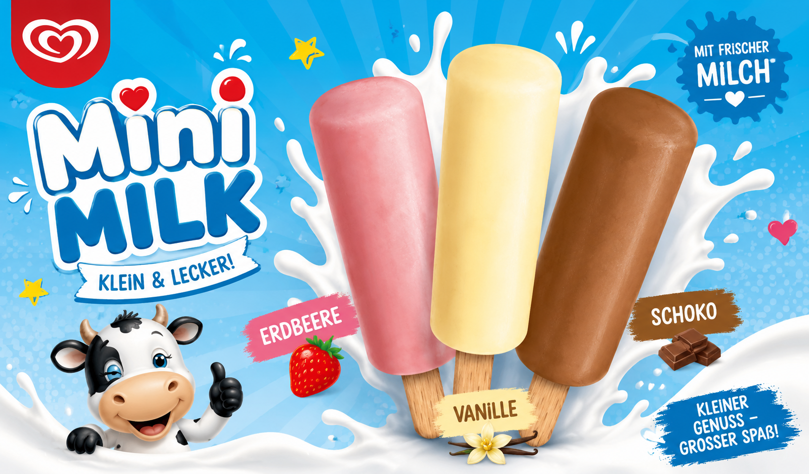 Mini Milk Stieleis in Erdbeere, Vanille und Schoko